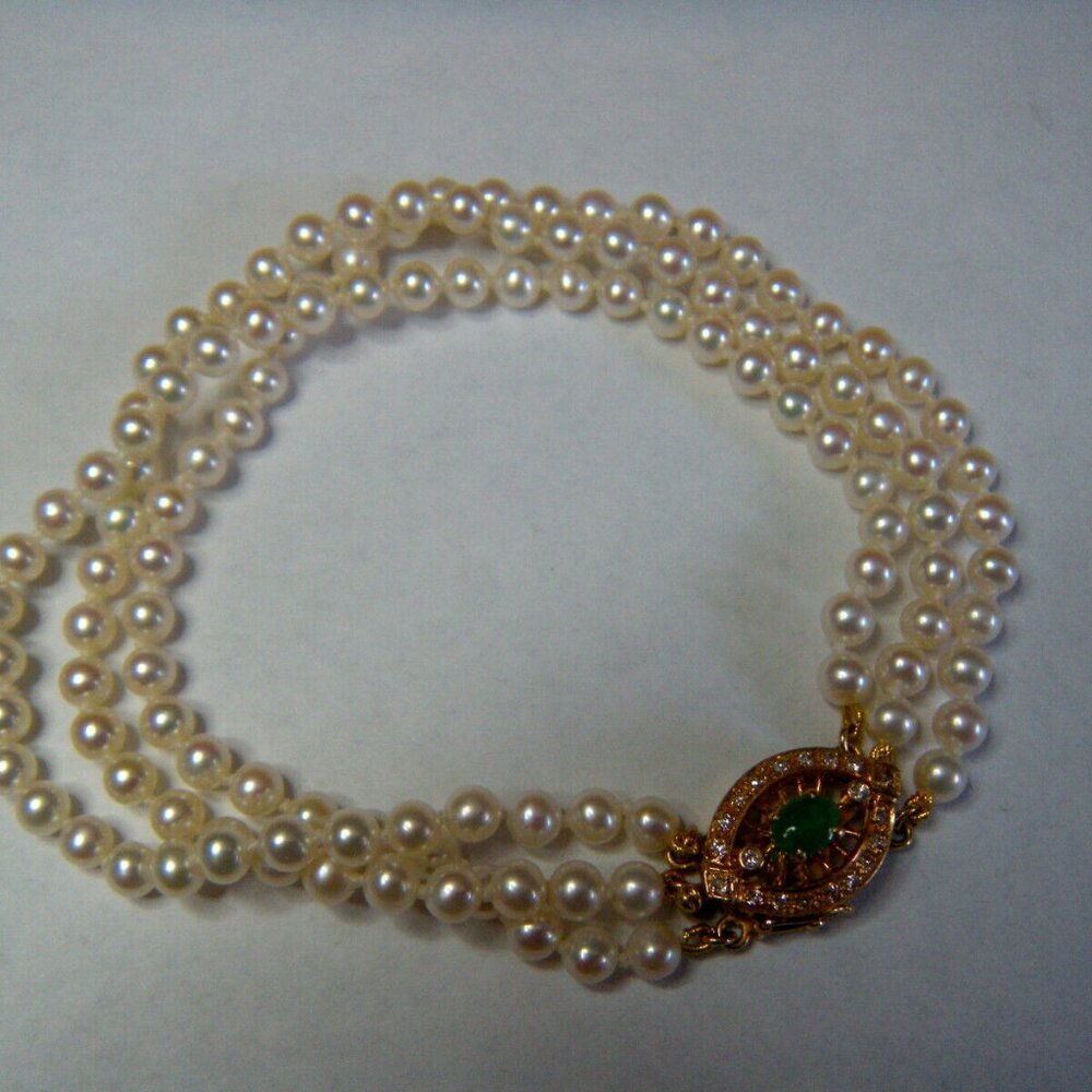 Vintage 3 Strand Pearl Bracelet 14K Diamond Type "A" Jadeite Clasp 7.75" 80's HK